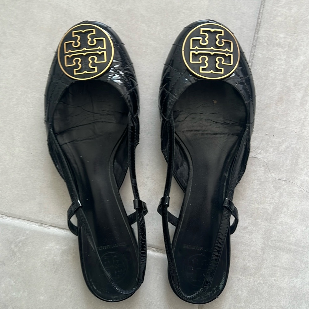Tory Burch Black Slingback Flats with Gold Emblem